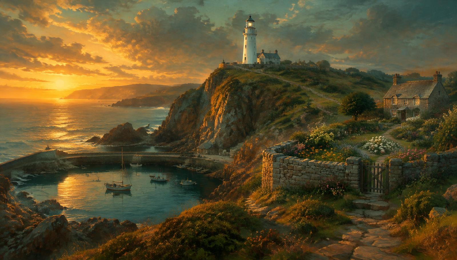 A lighthouse on a cliff above a harbor at dusk